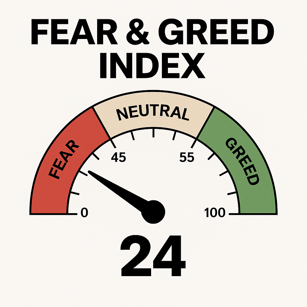 공포와 탐욕 지수(Fear & Greed Index)를 나타내는 반원형 게이지 이미지로, 빨간색 구간은 공포, 베이지는 중립, 초록색은 탐욕을 의미하며 지표 값은 24로 fear 구간을 가리키고 있음.