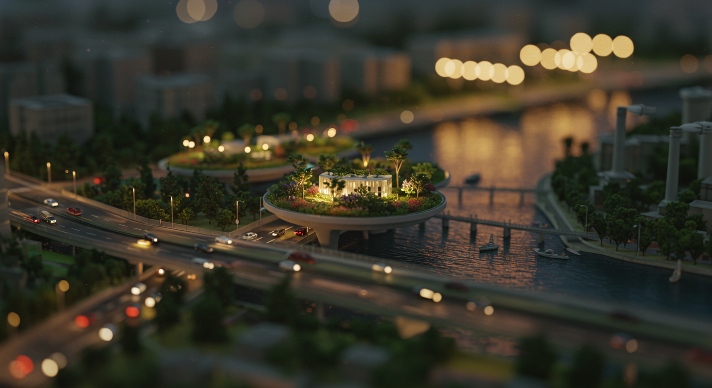 틸트쉬프트 느낌으로 표현된 미래 서울의 미니어처 도시 전경: 공중정원, 자율주행 도로, 수변 에너지 구조물이 보이는 미니어처 장면