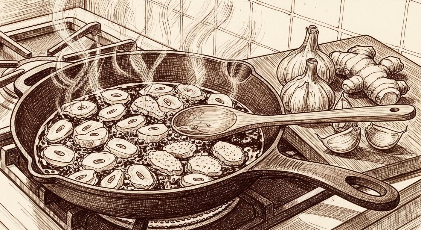 올리브 오일에 마늘과 생강을 볶는 모습