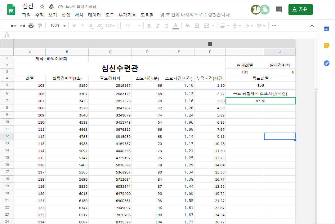 메이플스토리 심신수련관 경험치표