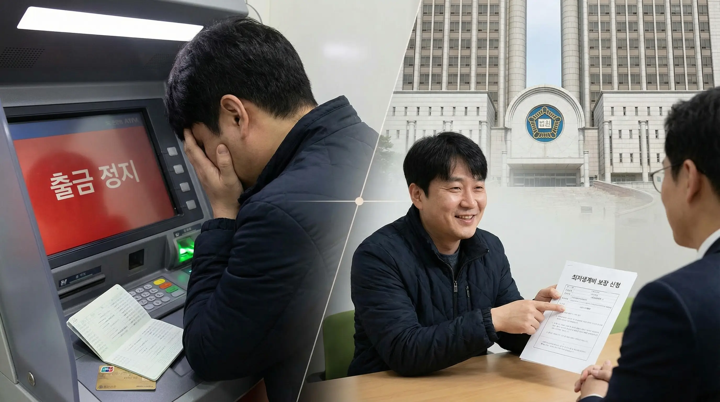 통장 압류로 인해 출금이 막혀 당황하는 모습과 법적 절차를 통해 최저생계비를 찾는 해결책을 보여주는 이미지