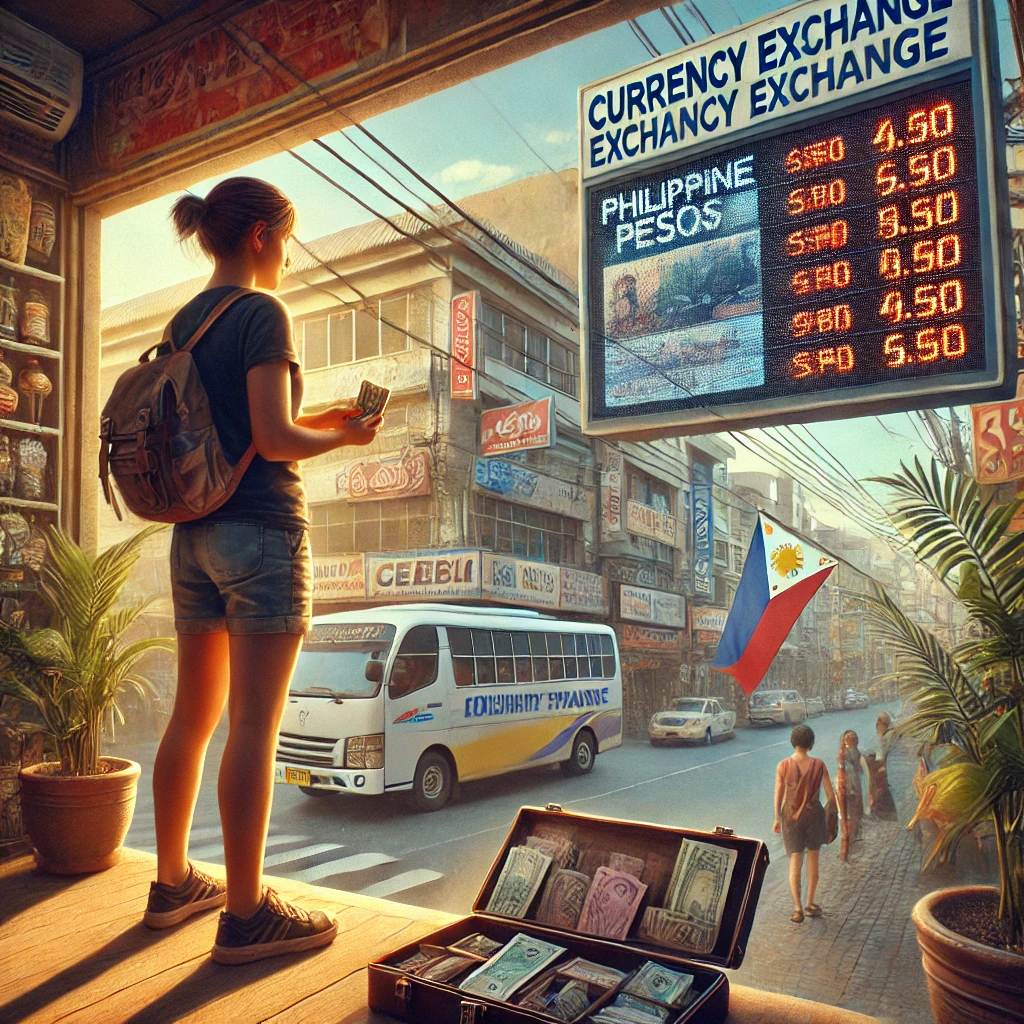 세부 시내 환전소 앞에서 환율을 확인하는 여행자 모습, 지갑에 필리핀 페소를 넣는 장면