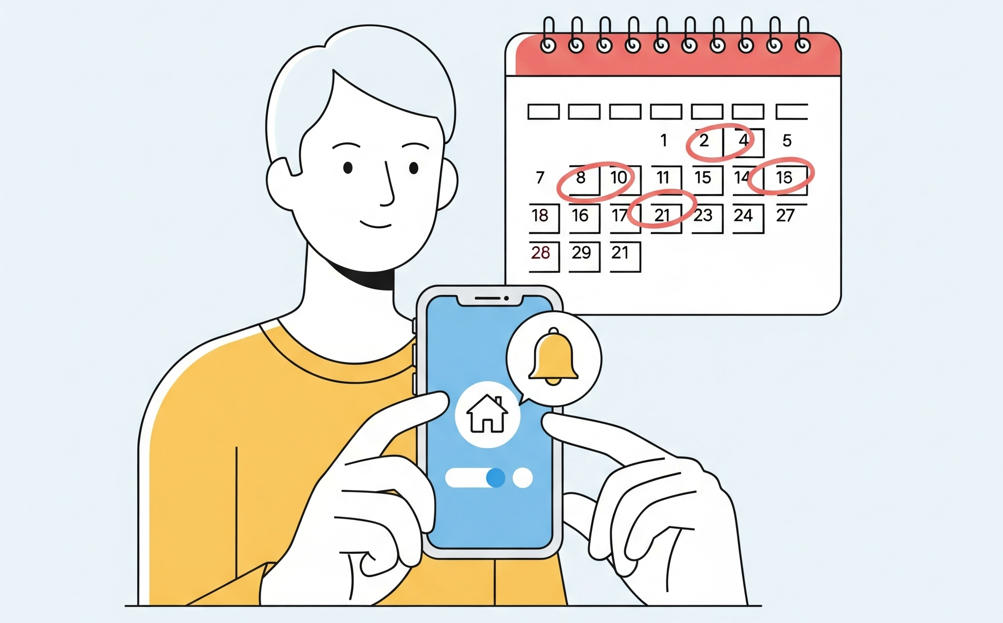 스마트폰 청약홈 앱에서 알림을 설정하고 부동산 캘린더를 확인하는 모습