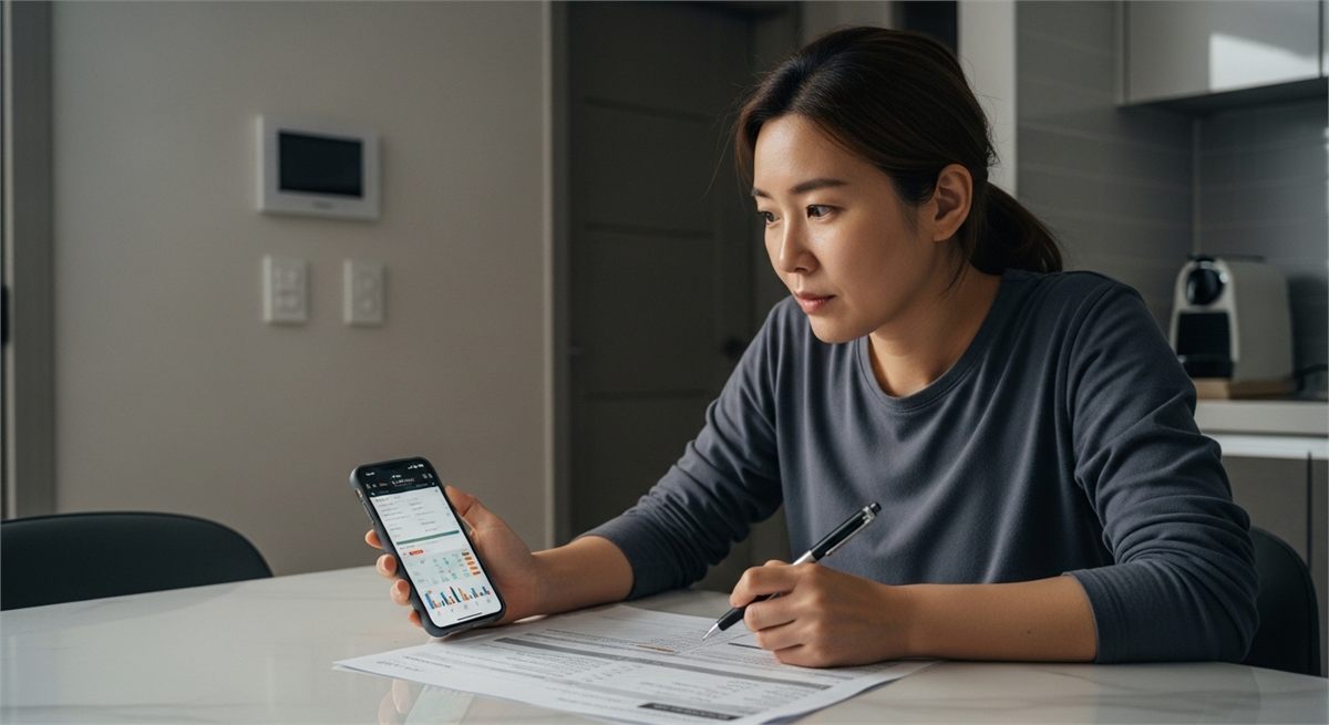 인쇄 서류와 스마트폰 화면을 함께 보며 기준을 비교하는 모습