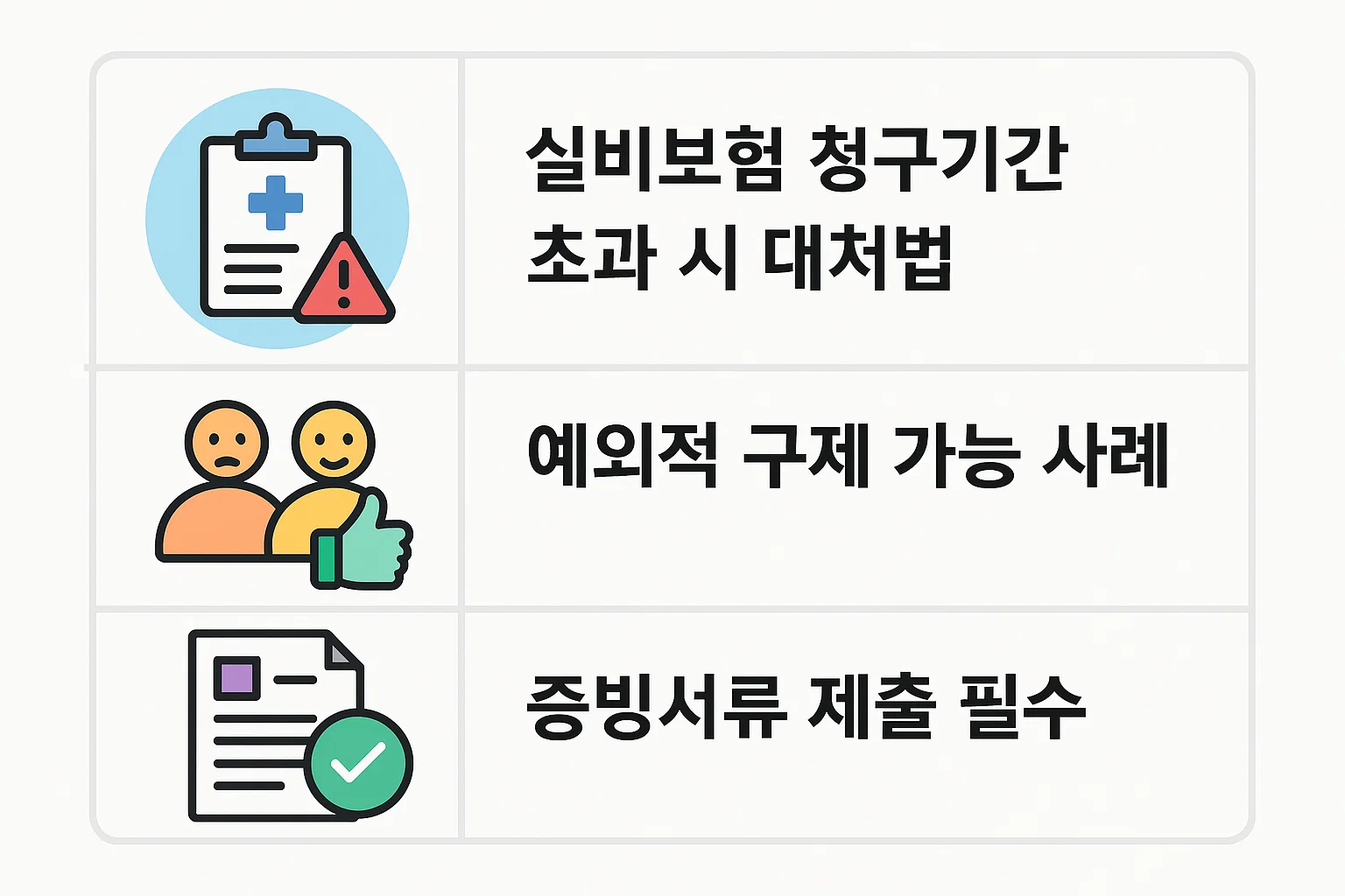 청구기간이 지난 경우 예외 구제 가능한 사례와 증빙서류 제출 방법을 안내한 인포그래픽.
