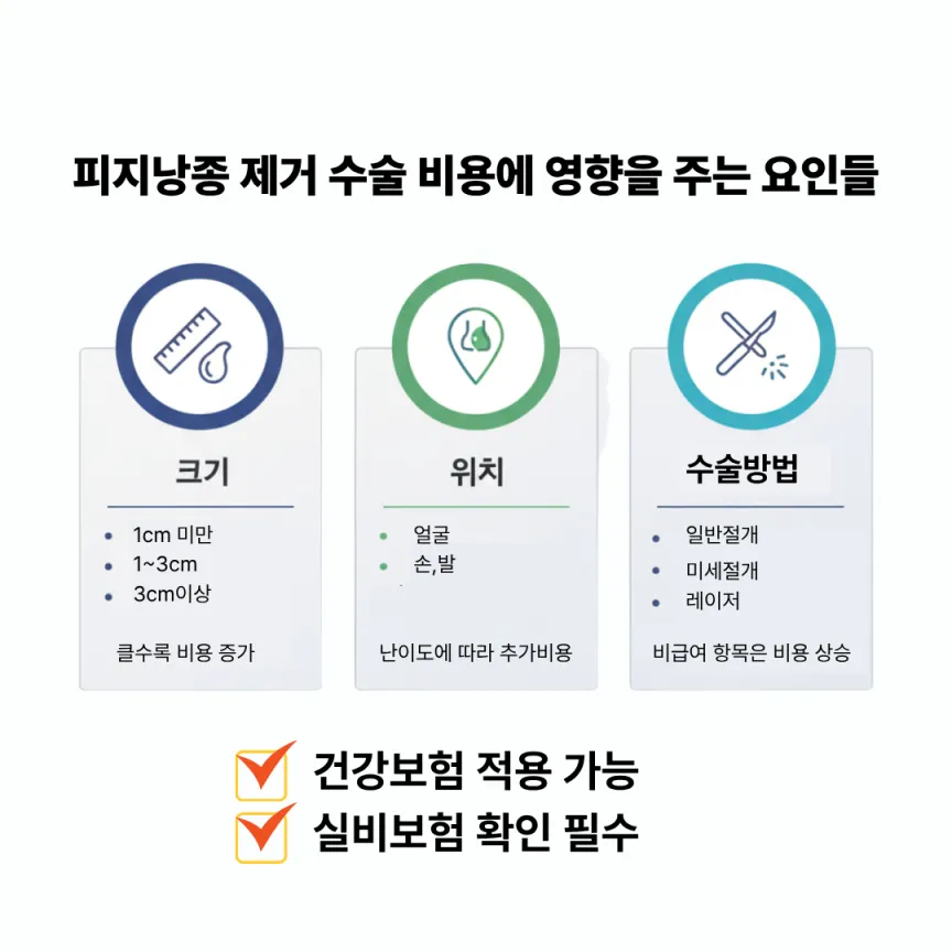 피지낭종 제거 수술 비용에 영향을 주는 요인들(크기, 위치, 수술 방법)을 깔끔한 인포그래픽으로 보여주는 이미지