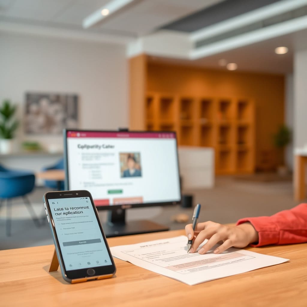 주민센터에서 신청하거나 온라인으로 신청하는 모습을 간결하게 표현합니다. 신청 서류 양식이나 컴퓨터/스마트폰 화면을 배경으로 사용하여 신청 과정이 복잡하지 않음을 시사하는 이미지입니다.