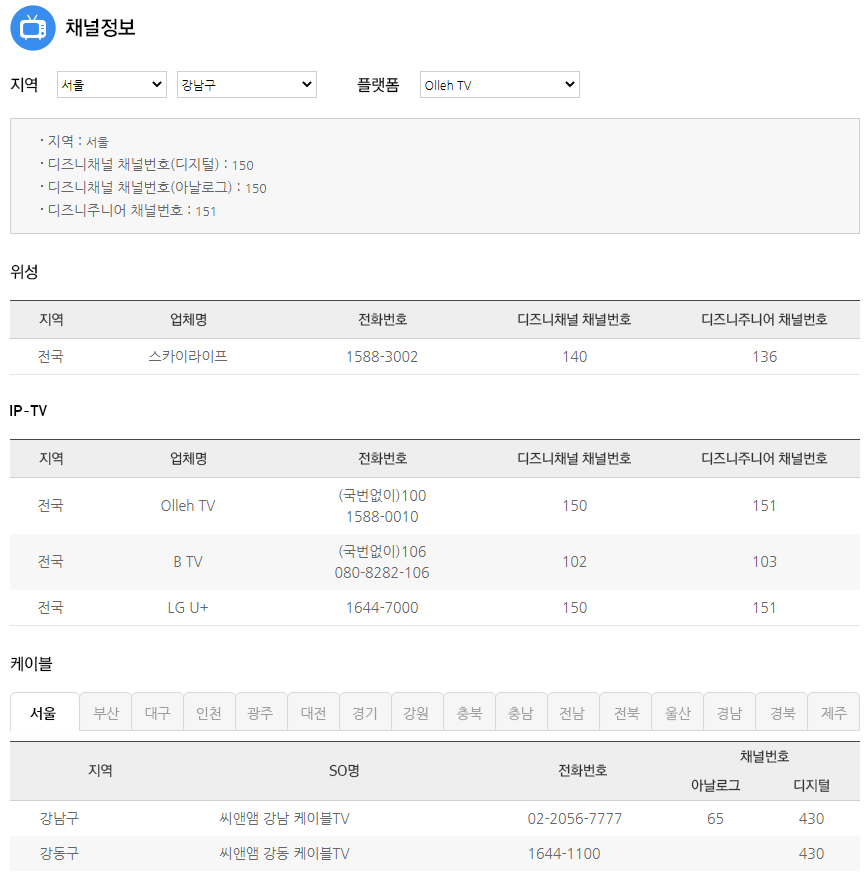 디즈니 채널 번호 보는 방법