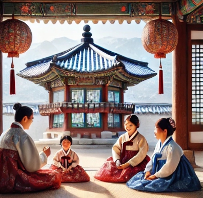 한복을 입고 대화를 나누고 있는 사람들의 모습