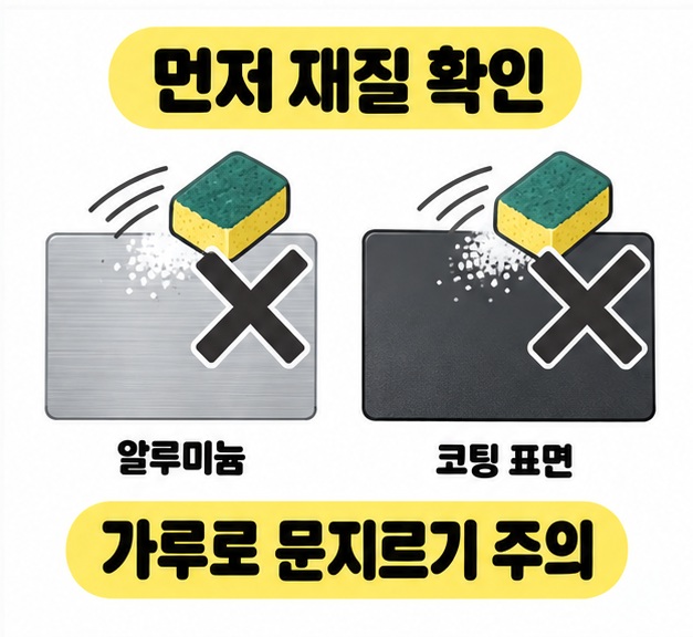 알루미늄과 코팅 표면 위의 가루와 스펀지에 X 표시를 넣어 가루로 문지르기에 주의하라고 안내한 비교 그림