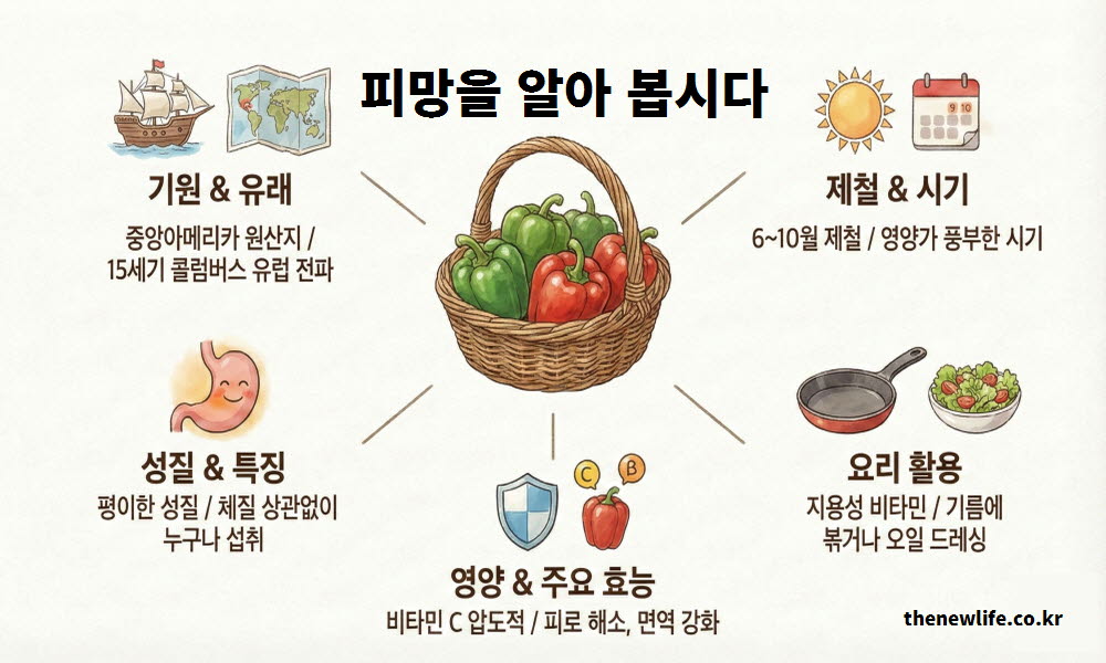피망 효능을 이해하기 위해 중앙아메리카에서 시작된 유래와 기원, 그리고 평이한 성질을 설명하는 이미지
