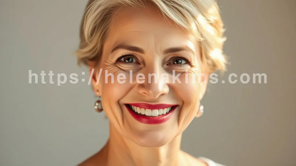 밝고 온화하게 미소 짓는 50대 여성의 얼굴, 그녀의 입꼬리는 자연스럽게 올라가 있고, 입술은 생기 있는 볼륨감으로 매력적인 인상의 모습.