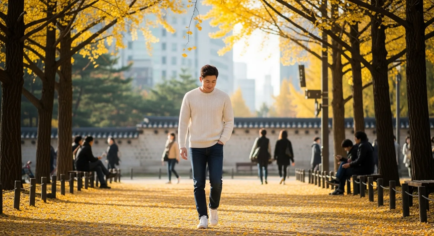 도심 속 공원에서 가을 풍경을 즐기며 걷기 명상을 하는 한국 남성.