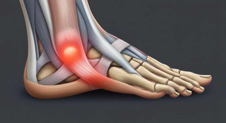 발바닥 안쪽과 발뒤꿈치 통증 부위를 가리키는 발 모형