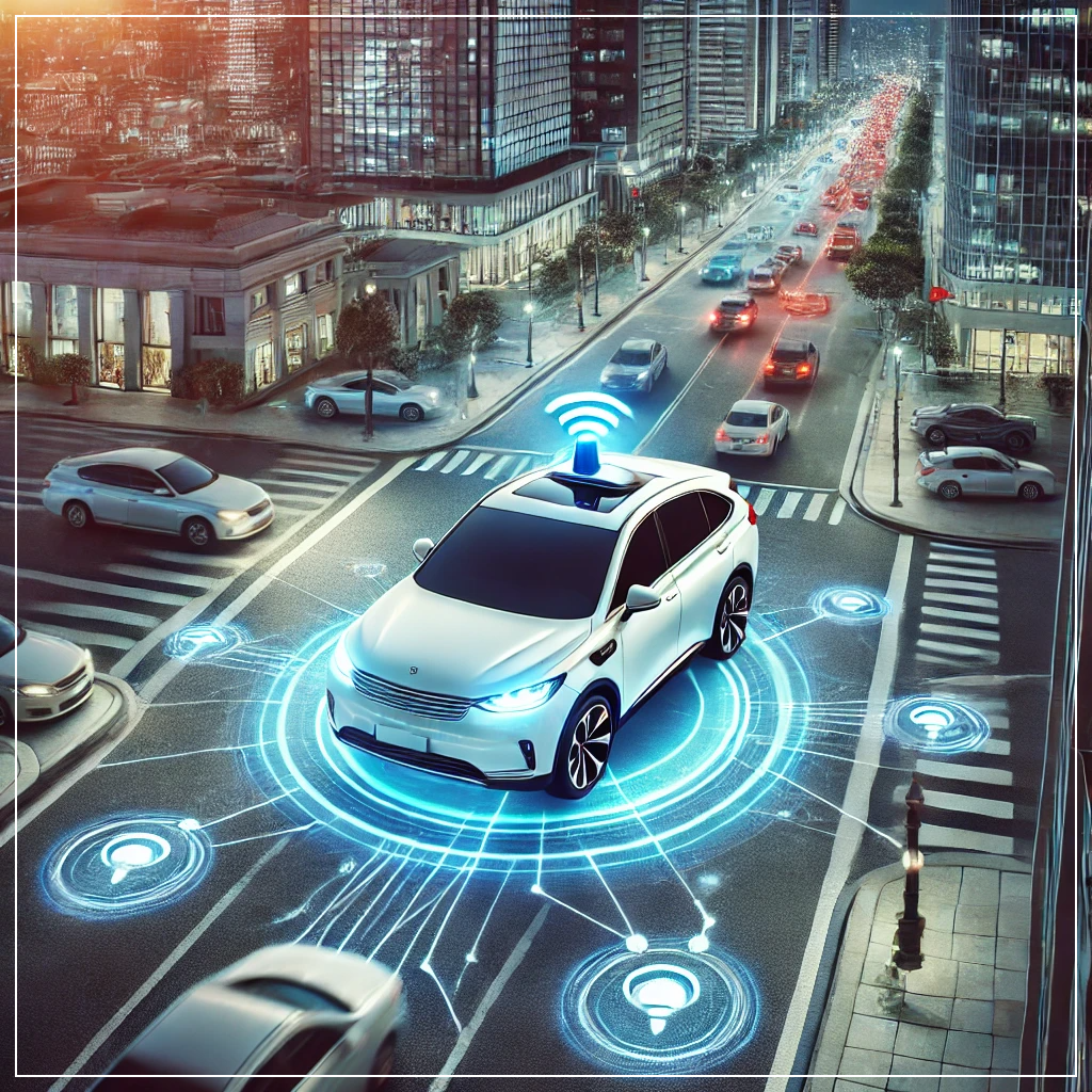 AI 에이전트가 교통 상황을 분석하고 안전한 경로를 선택하는 자율주행차의 모습