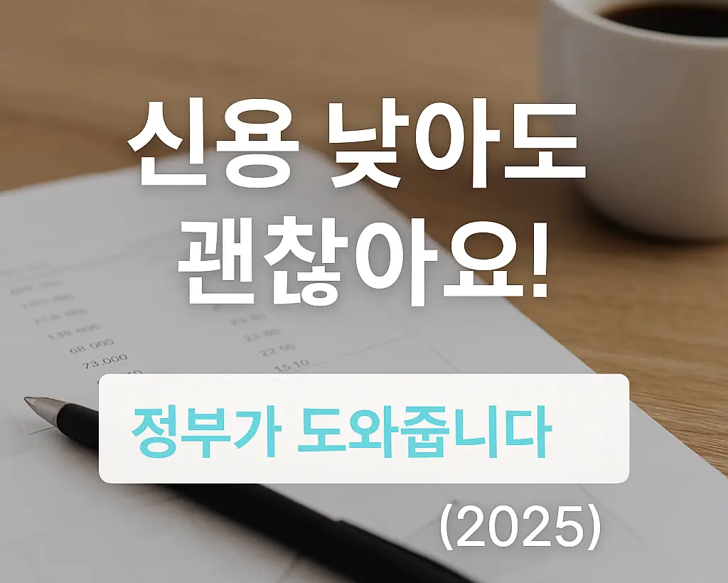 서류와 커피잔이 있는 흐릿한 배경 위에 신용 낮아도 괜찮아요 정부가 도와줍니다 2025 문구가 들어간 이미지