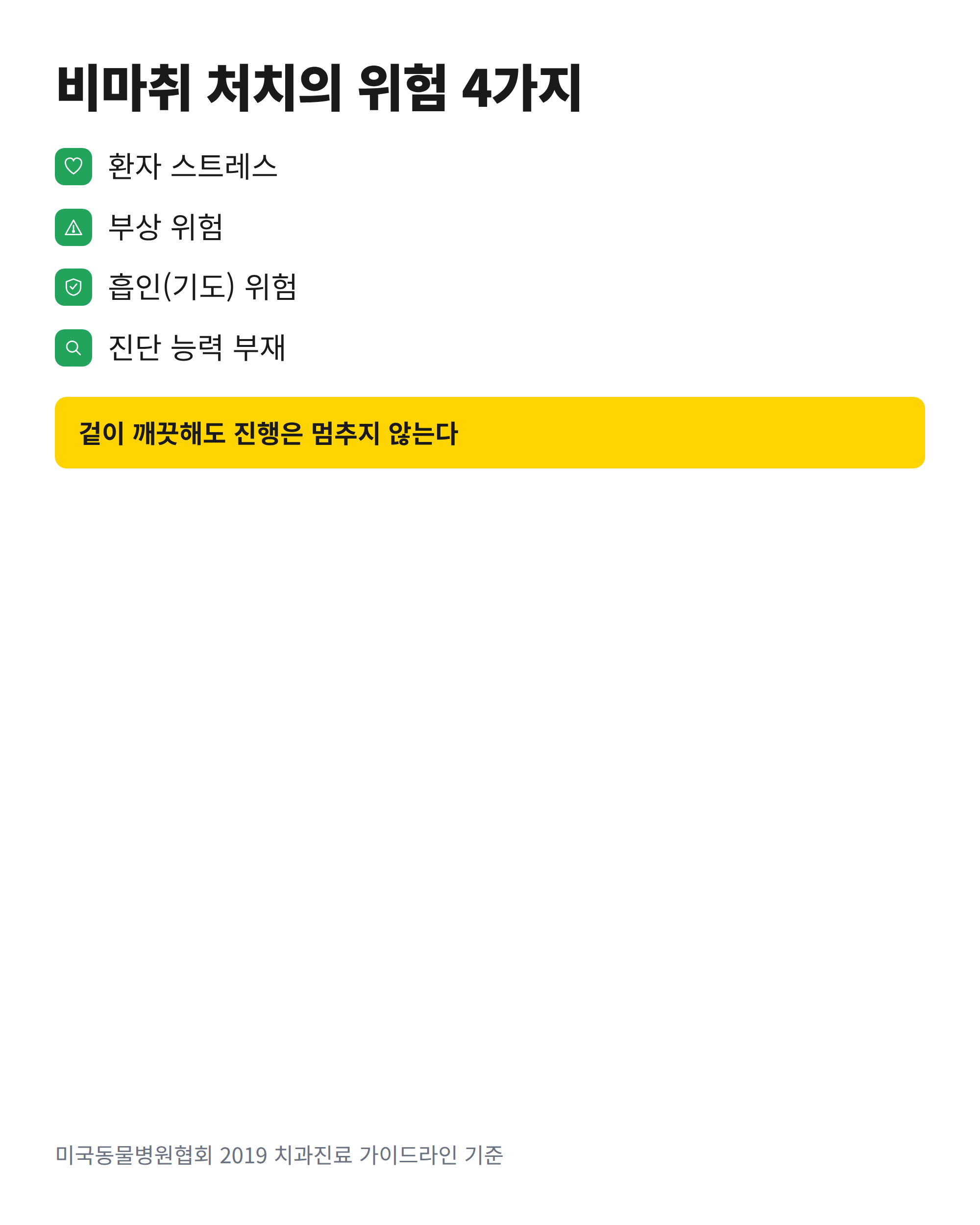 비마취 치과처치에서 미국동물병원협회가 지적한 스트레스와 부상, 흡인 위험, 진단 불가 네 가지 위험 항목