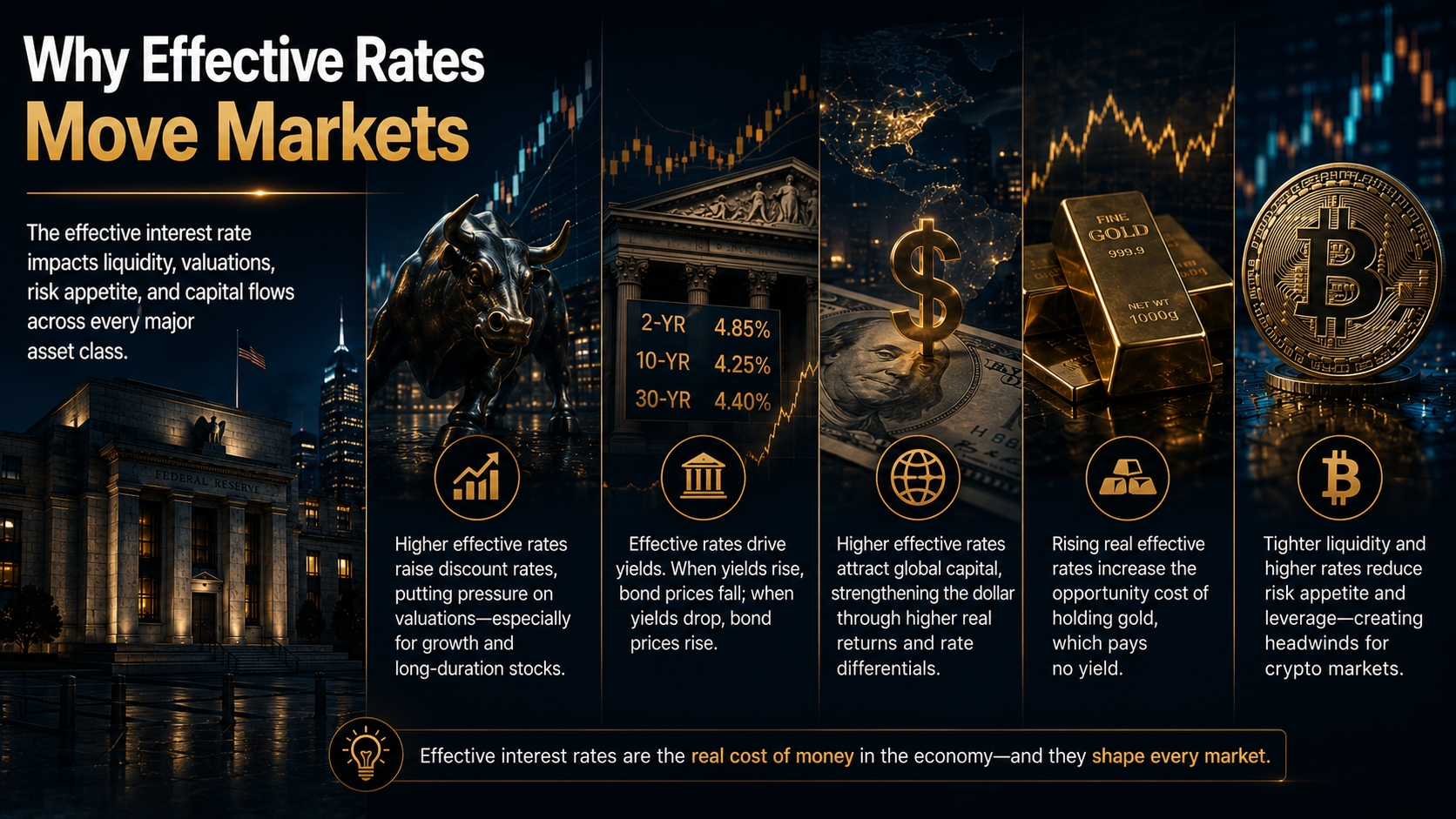 Financial infographic showing the impact of effective interest rates on U.S. stocks, Treasury bonds, the U.S. dollar, gold, and Bitcoin.