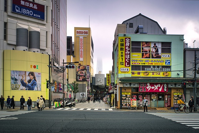 일본 도시의 상점들이 늘어선 거리