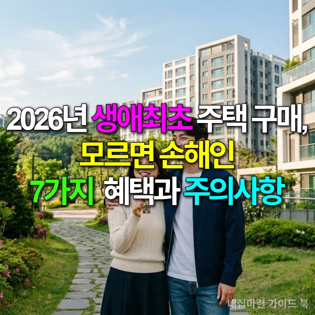 2026년 생애최초 주택 구매 혜택을 알아보고 있는 젊은 한국인 부부가 새 아파트 앞에서 행복하게 웃고 있는 모습