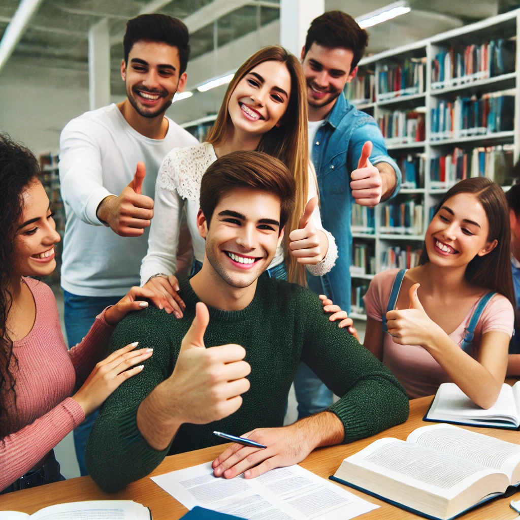 도서관에서 시험 준비 중인 학생이 친구들의 지지를 받는 모습. 일부는 웃으며 엄지손가락을 들어 보이고&amp;#44; 다른 친구들은 노트 검토를 돕고 있음. 밝고 긍정적인 분위기