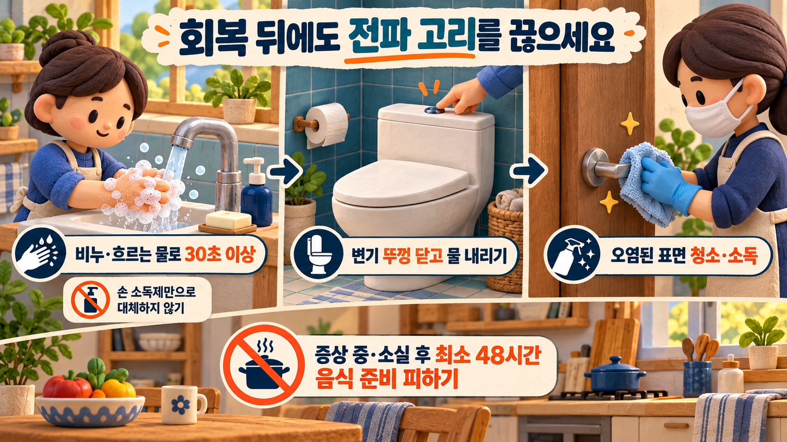 비누와 흐르는 물로 30초 이상 손 씻기, 변기 뚜껑을 닫고 물 내리기, 장갑과 마스크를 착용한 오염 표면 청소를 설명한 위생관리 인포그래픽