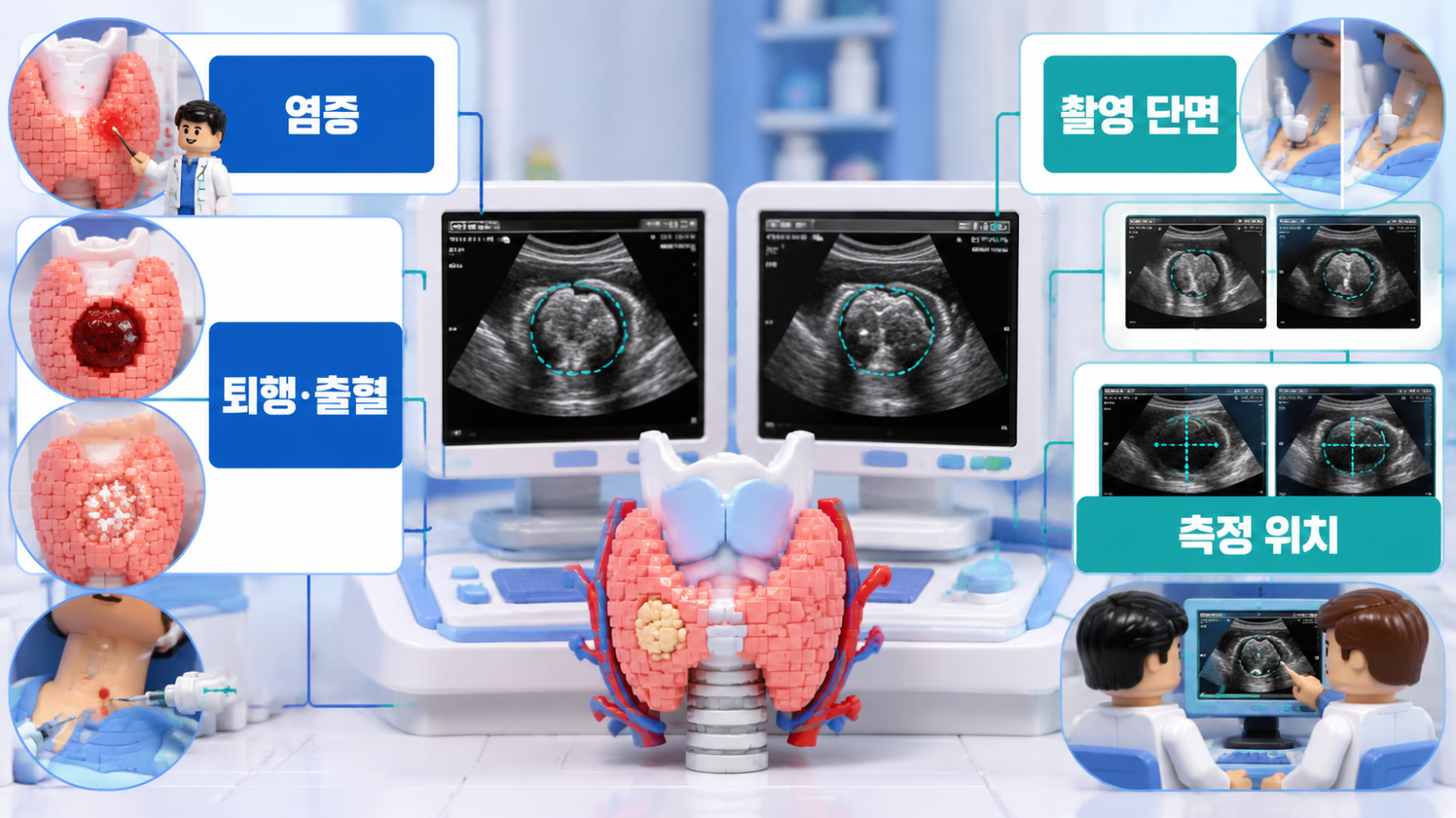 K-TIRADS와 세침흡인세포검사, Bethesda 분류, 갑상선기능검사의 역할과 진료 방향을 보여주는 갑상선 결절 검사 인포그래픽