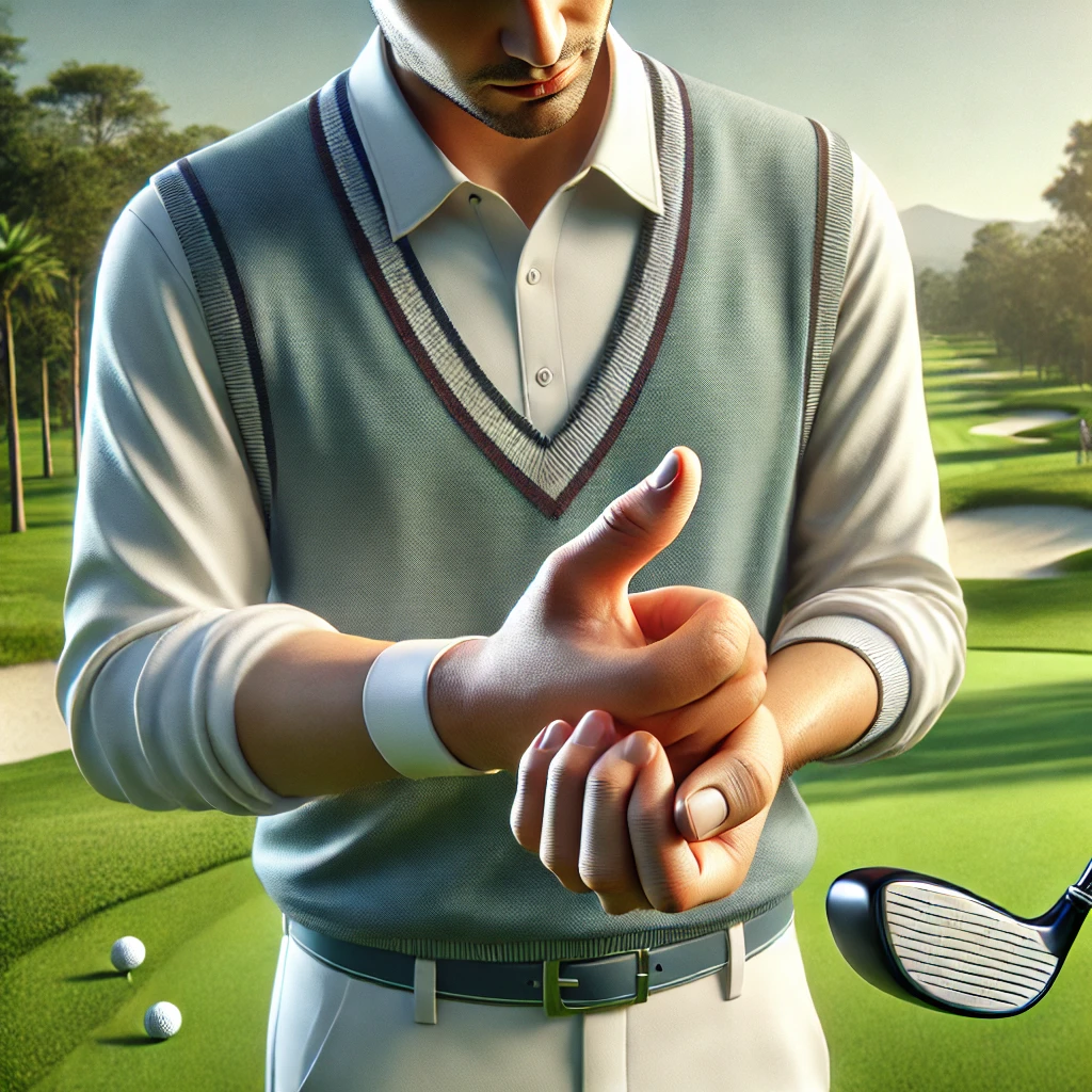 골프 스윙 후 왼손 엄지를 문지르며 경미한 통증을 느끼는 골퍼, 푸른 골프장 배경과 함께 초기 증상을 표현한 장면