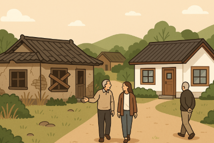 "농촌 마을 탐방기를 표현한 일러스트. 낡은 빈집과 리모델링된 집이 나란히 서 있고, 주민과 방문자가 함께 걷는 모습이 담긴 그림"