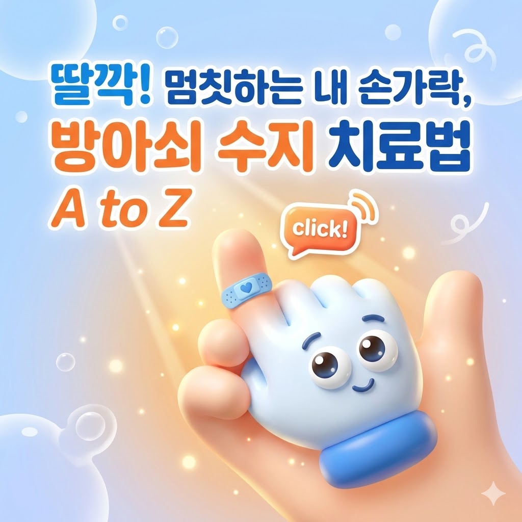 딸깍거리는 손가락과 반창고를 붙인 귀여운 손 캐릭터가 그려진 그림. '딸깍! 멈칫하는 내 손가락, 방아쇠 수지 치료법 A to Z' 문구가 강조된 방아쇠 수지 치료법 안내 이미지.