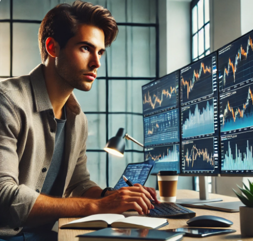 주식 현황 살펴보는 젊은 남성