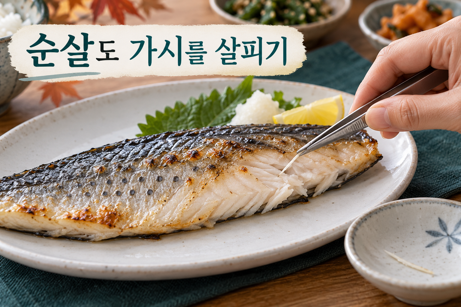 익힌 삼치 살에서 잔가시를 집게로 골라내는 모습.