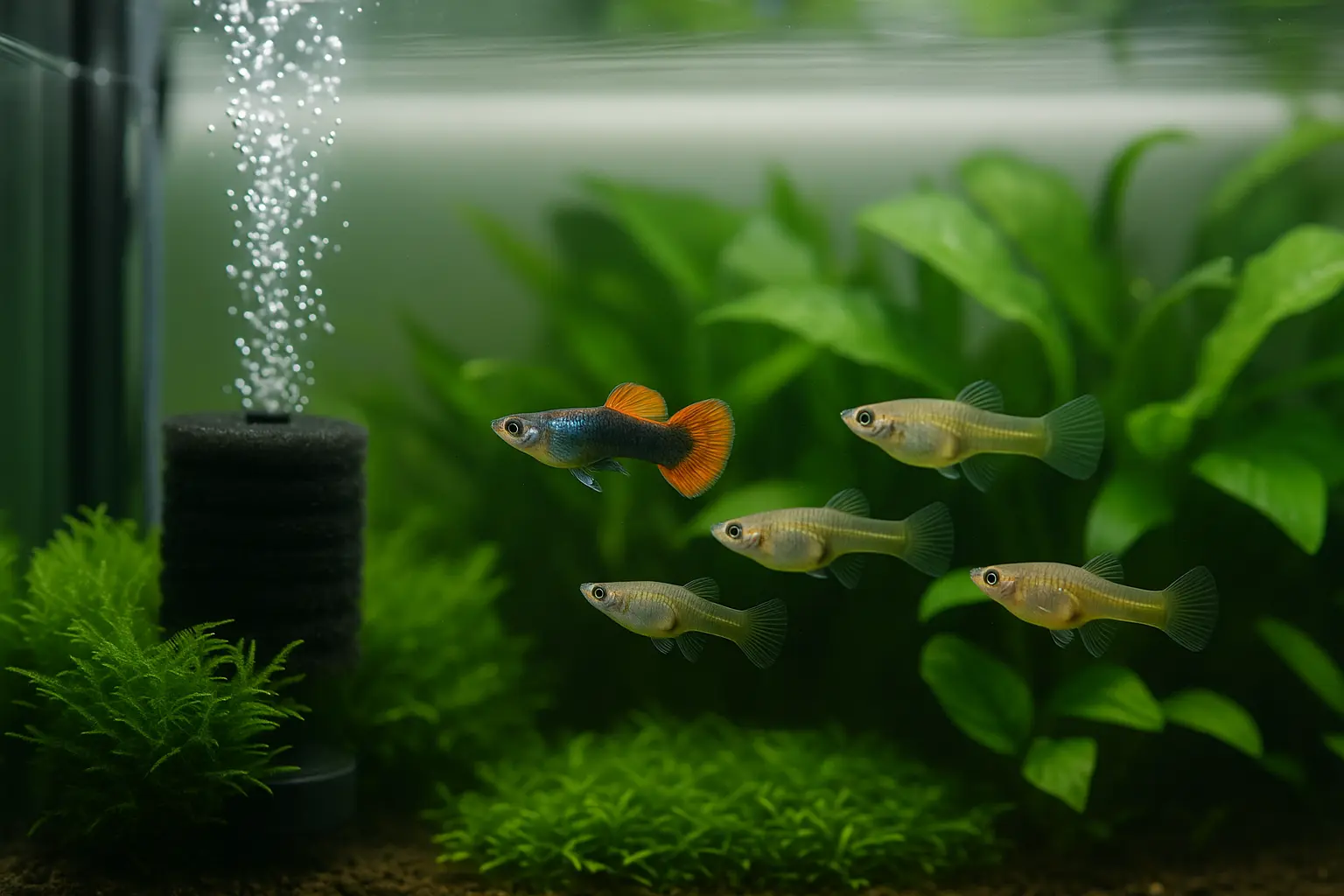 초록 수초와 스펀지필터 기포가 있는 가정용 어항에서 건강한 구피들이 무리 지어 유영하는 모습