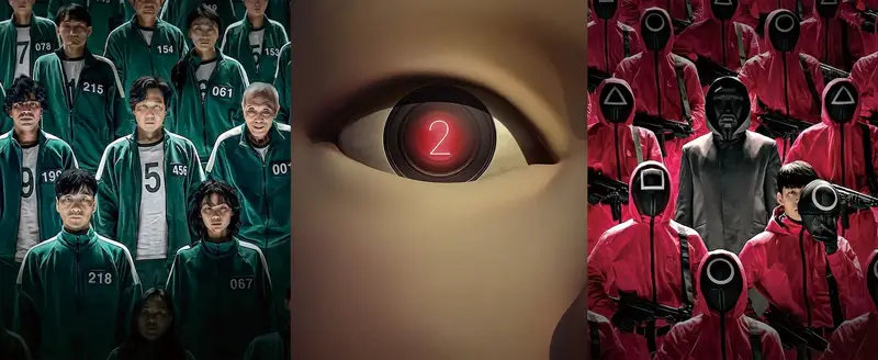 좌측에 초록색 츄리닝을 입고 전면을 바라보고 있는 참가자들과 오른쪽에 분홍색 슈트에 총을 든 게임진행을 관리자들