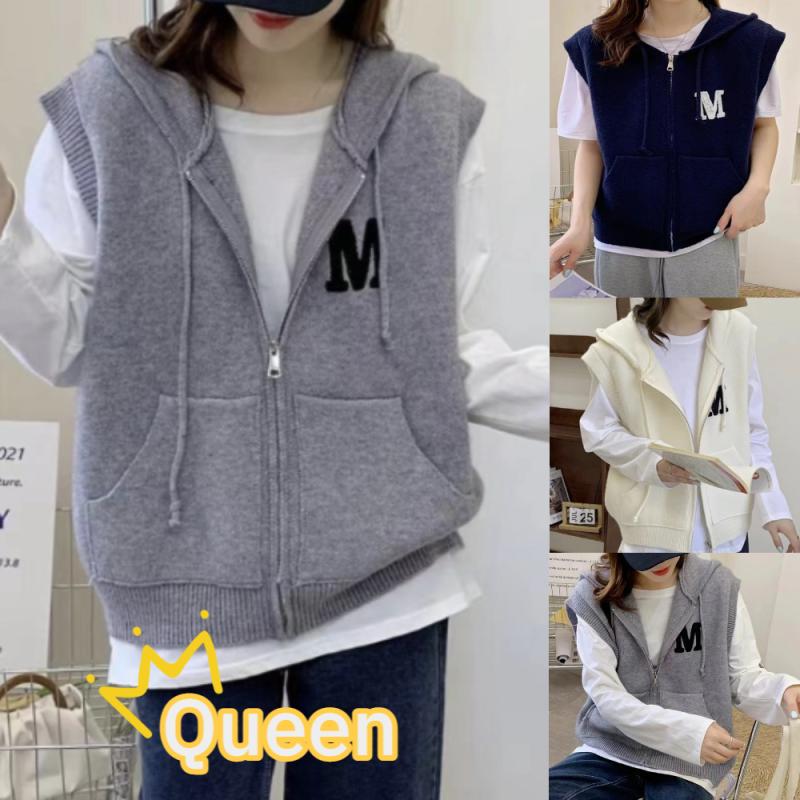 퀸올데이 빅사이즈여성조끼 후드니트조끼 봄 집업 레이어드 가디건 이너조끼 사무실 카페
