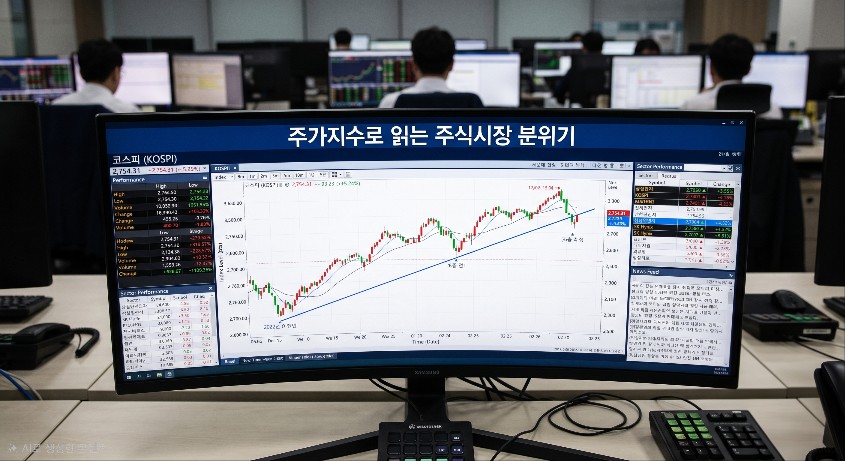코스피 주가지수 흐름을 보여주는 주식시장 시세 그래프 모니터 화면