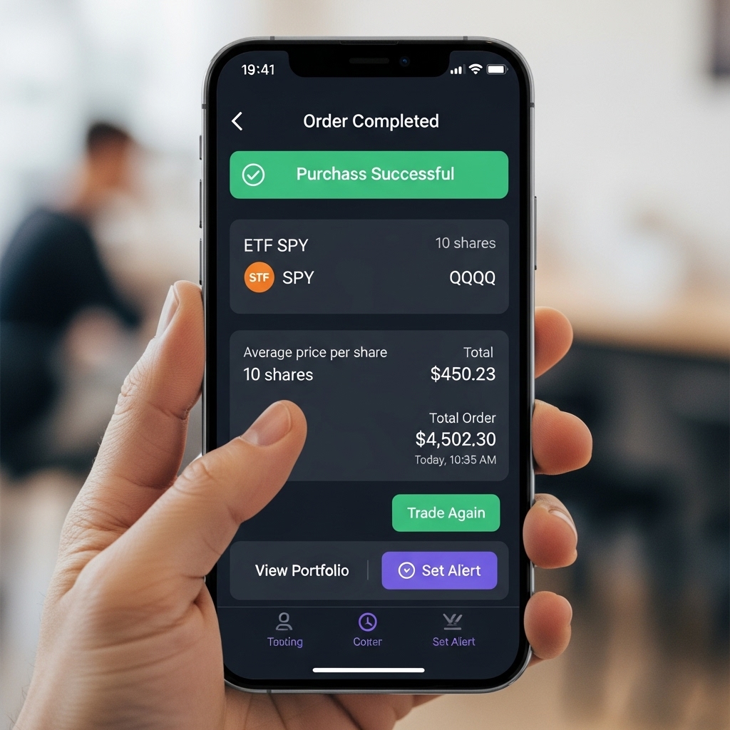 스마트폰으로 ETF 매수 주문을 완료하는 모습이 담긴 모바일 트레이딩 앱 화면
