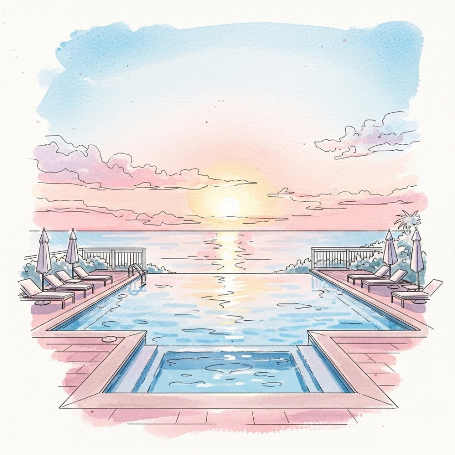 바다가 보이는 리조트 수영장의 일몰 풍경