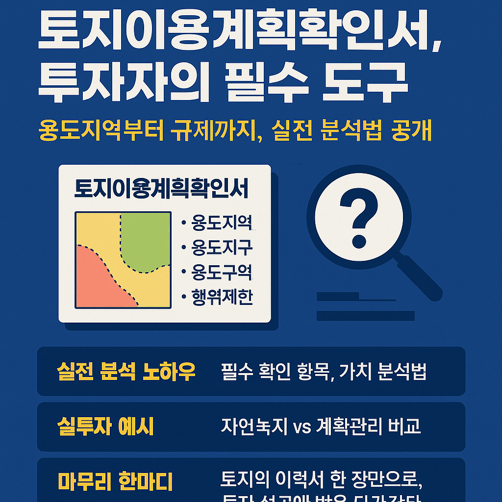 토지이용계획확인서를 통해 용도지역, 건폐율, 고도제한 등 토지의 개발 가능성과 규제를 파악하는 요약 인포그래픽