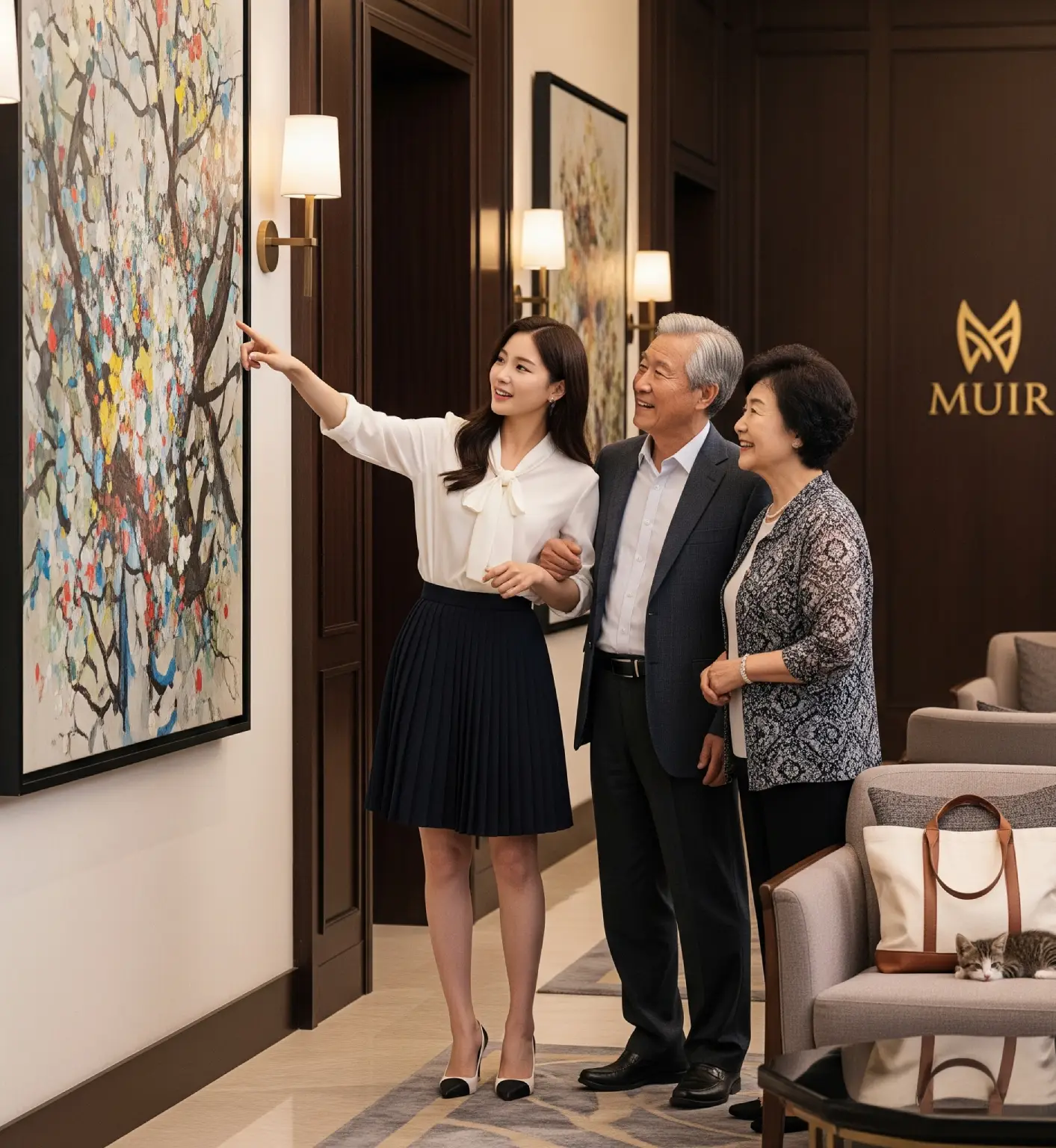 Muir 호텔의 고급스러운 로비에서, 젊은 여성이 부모님께 호텔의 예술 작품을 설명해주며 미소 짓고 있는 모습