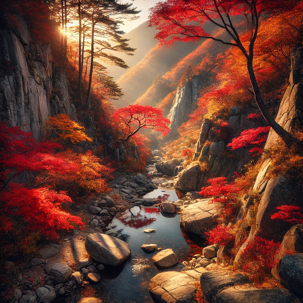 도봉산 가을 풍경: 울긋불긋한 단풍 나무들 사이로 바위 틈을 흐르는 작은 시내와 가을 햇살이 비치는 고요한 자연의 모습