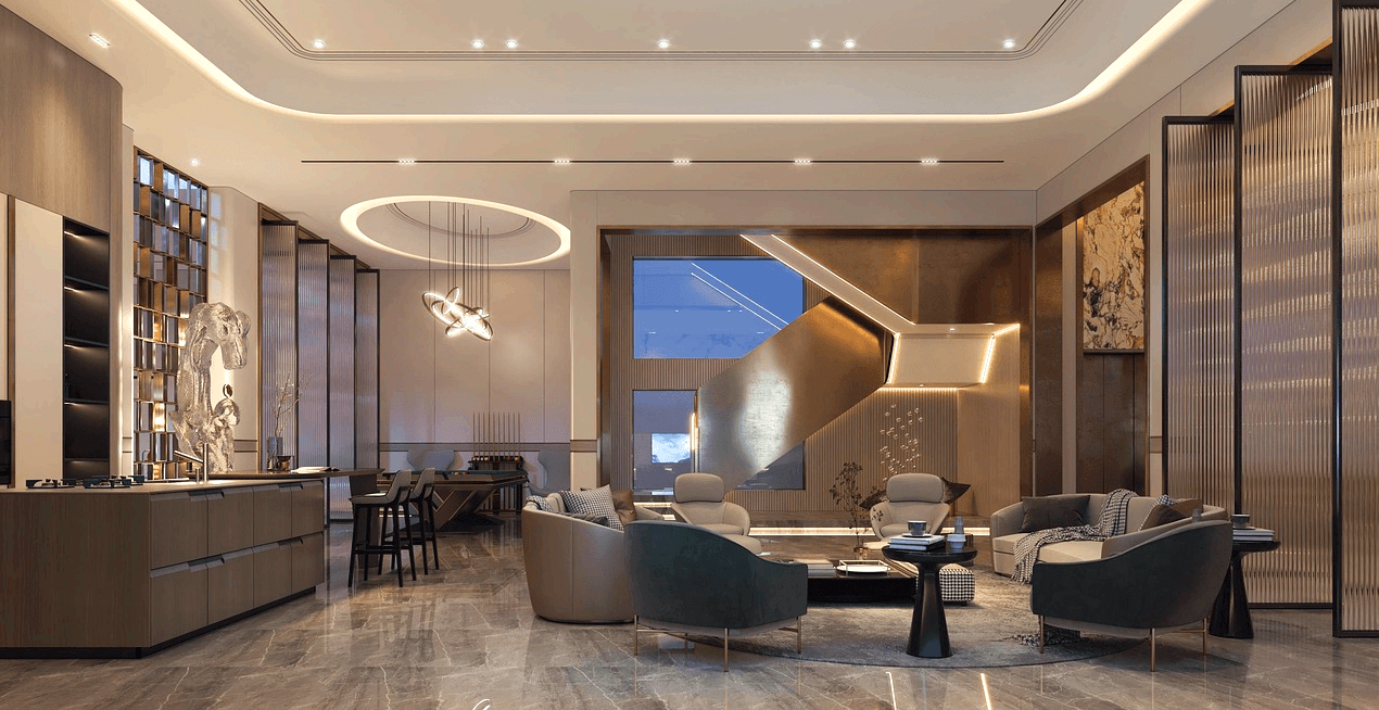 고급 아파트 거실 풍경이다. 세련되고 넓은 거실에 회색 소파들이 빙 둘러있다. 하얀 천장에는 은은한 등이 가득하고 빛이 난다.