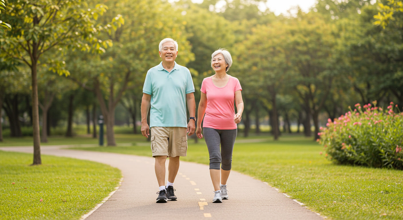공원에서 나란히 걷고 있는 시니어 부부의 모습