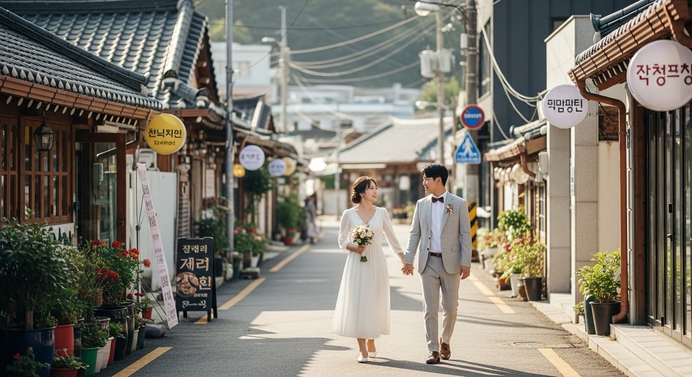 한옥 거리에서 웨딩드레스를 입고 손을 잡고 걷는 신혼부부