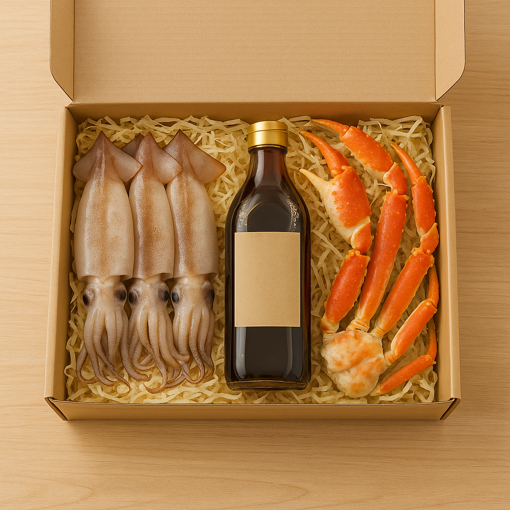 제철 특산물(오징어, 대게 간장 등)으로 구성된 답례품 세트 박스