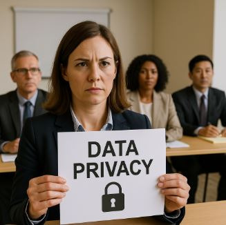 개인 정보에 대한 유출을 반대하는 피켓을 든 여성이미지