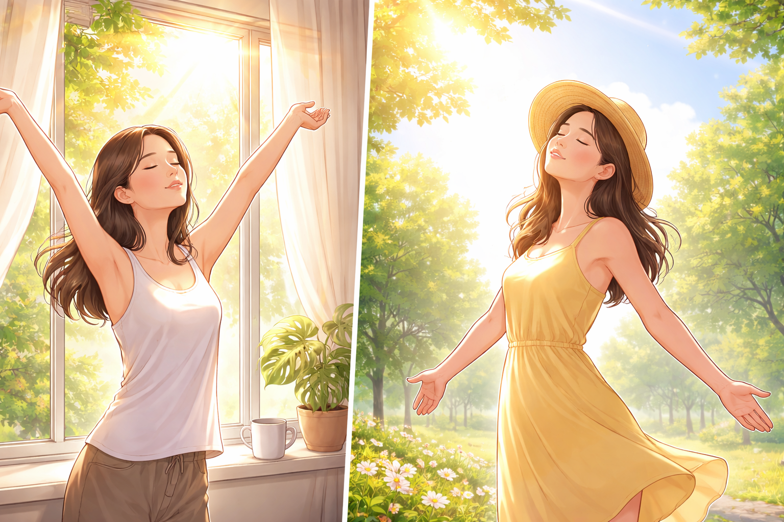 햇빛을 받으며 몸과 마음의 건강 효과를 표현한 일광욕 이미지