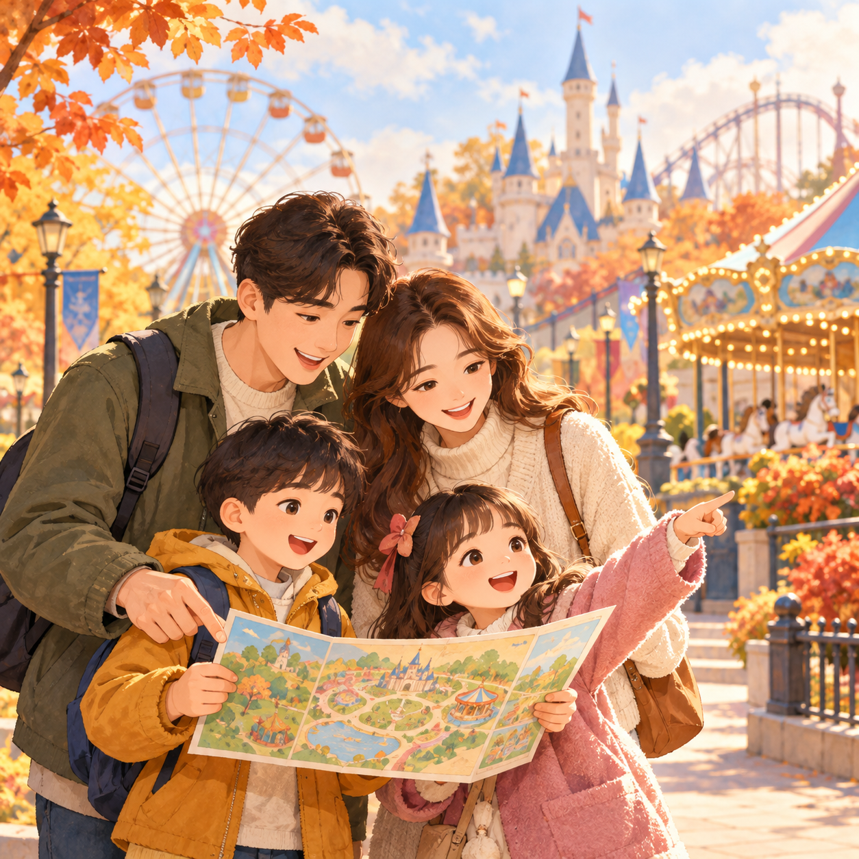 가을 놀이공원 나들이를 준비하는 가족의 AI 일러스트