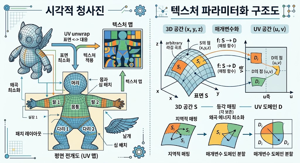 텍스트 프롬프트와 물리 기반 텍스처 파라미터가 결합되어 캐릭터의 시각적 일관성을 형성하는 시각적 청사진 구조도