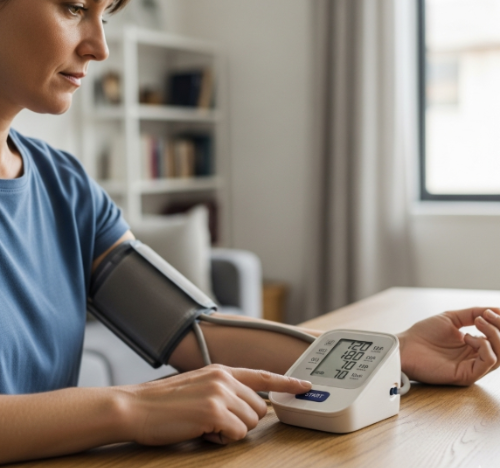 혈압측정을 하고 있는 사람